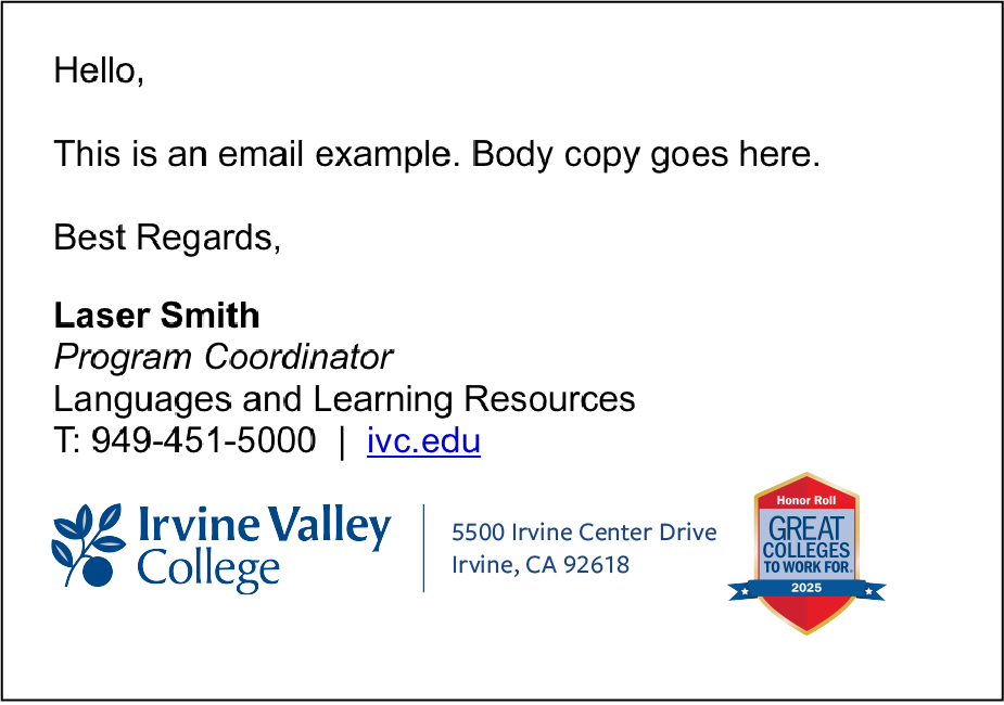 Example of the IVC logo on the left, campus address in the center, and the Great Colleges to Work For Honor Roll badge on the right.