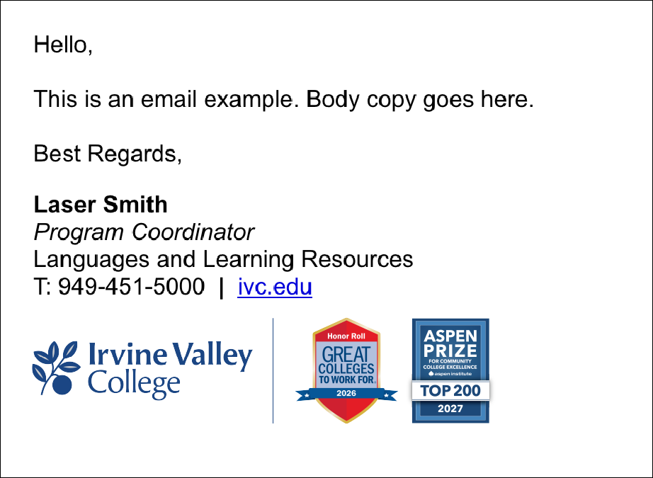 Example of the IVC logo on the left, campus address in the center, and the Great Colleges to Work For Honor Roll badge on the right.