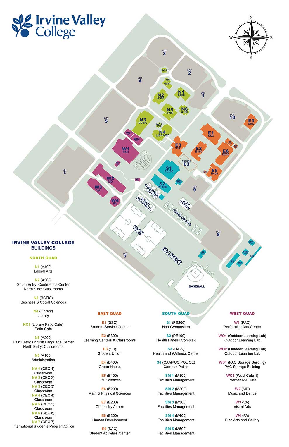 IVC Campus Map with true north orientation listing former building names with new building names and quad building locations