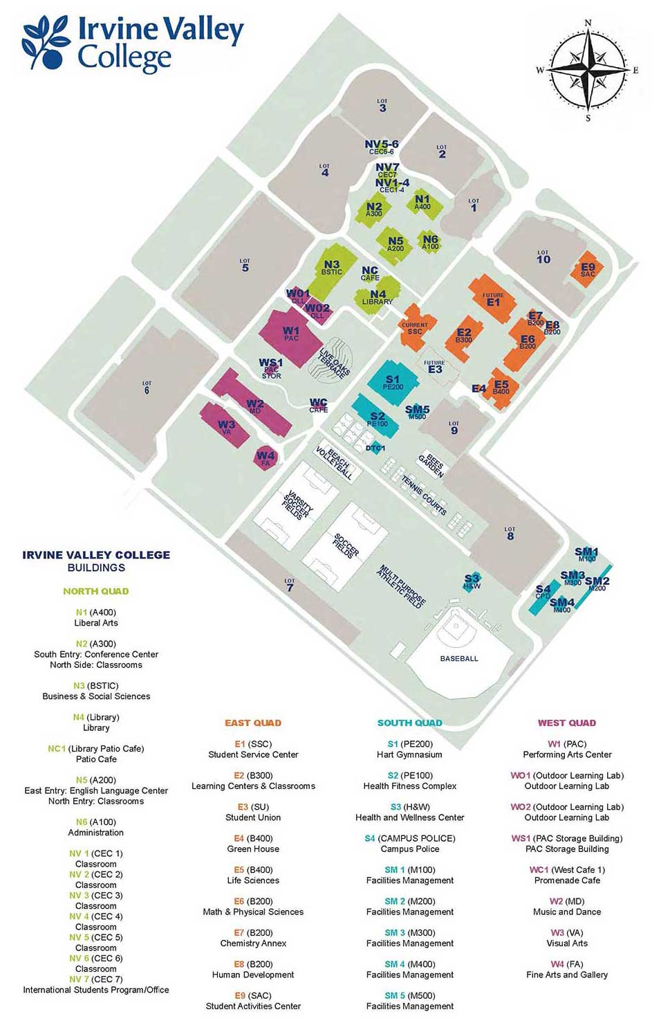 IVC Campus Map with true north orientation listing former building names with new building names and quad building locations