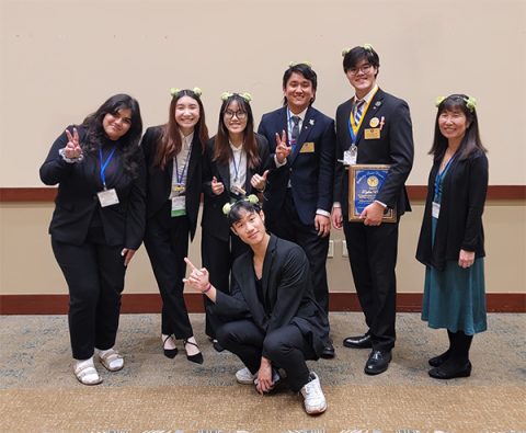 Pictured from left to right:  Dorna Mohajeri, Jill Nguyen, Nhi Pham, Rey Hoshi, Dylan Nelson, Nancy Ikeda (faculty advisor).  Front:  Brian Dang.