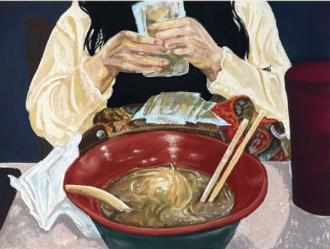 Pastel artwork of woman sitting before a bowl of noodles 