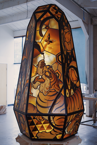 Gaia (2019) by James Jean; illuminated, three-dimensional stained and fused glass sculpture