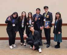 Pictured from left to right: Dorna Mohajeri, Jill Nguyen, Nhi Pham, Rey Hoshi, Dylan Nelson, Nancy Ikeda (faculty advisor). Front: Brian Dang.